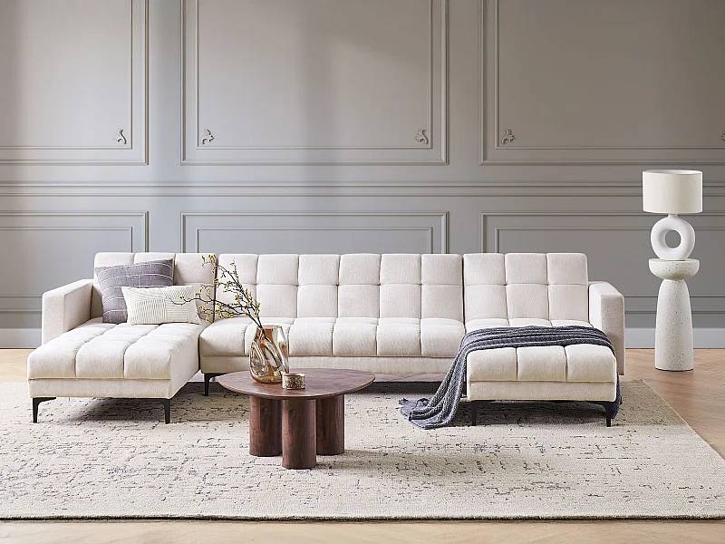 Wohnlandschaft Stoff creme weiß gesteppt 5-Sitzer U-Form mit Schlaffunktion Alnes