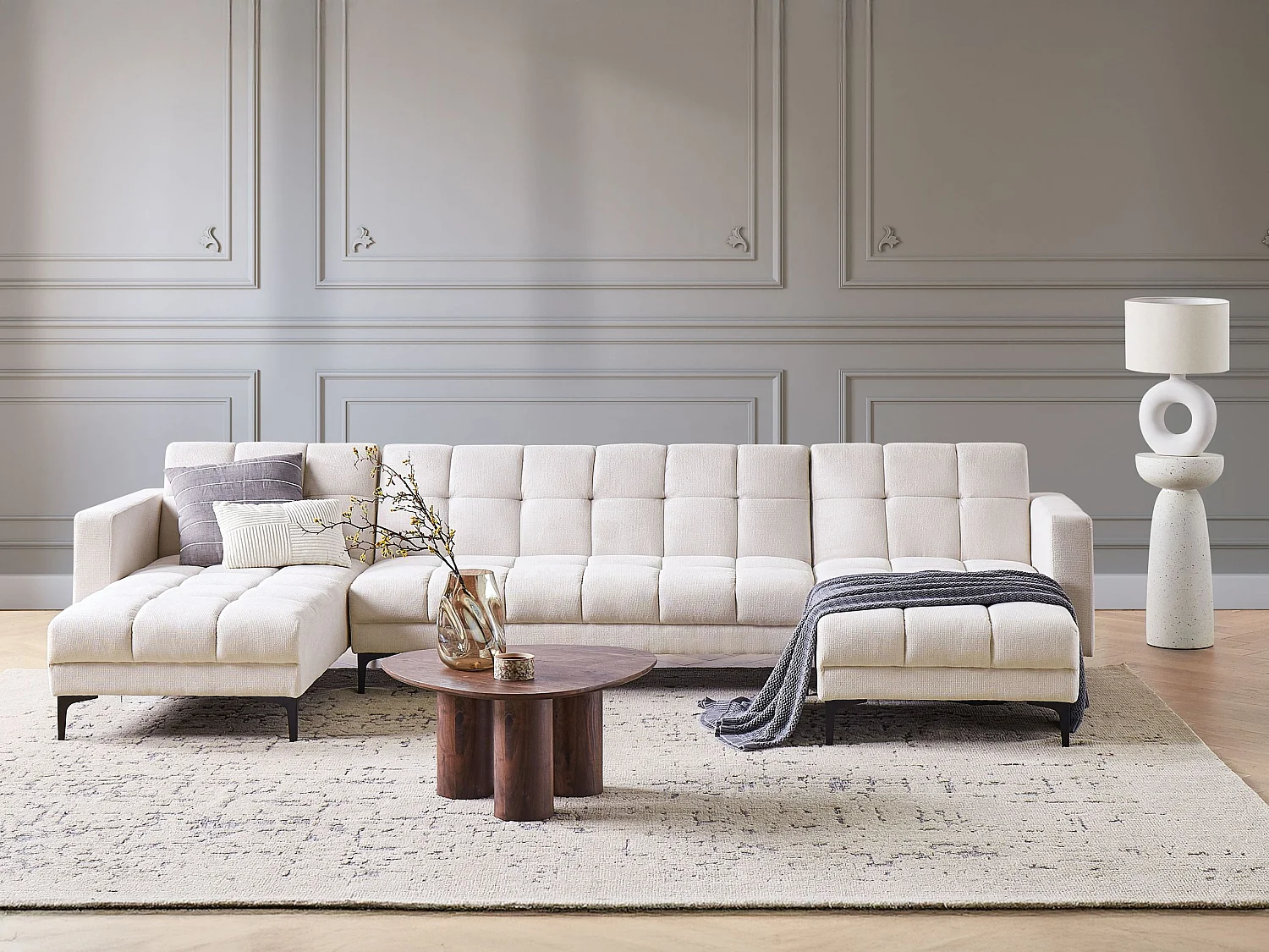 Sofá-cama modular em forma de U ALNES Tecido Branco creme 5 lugares