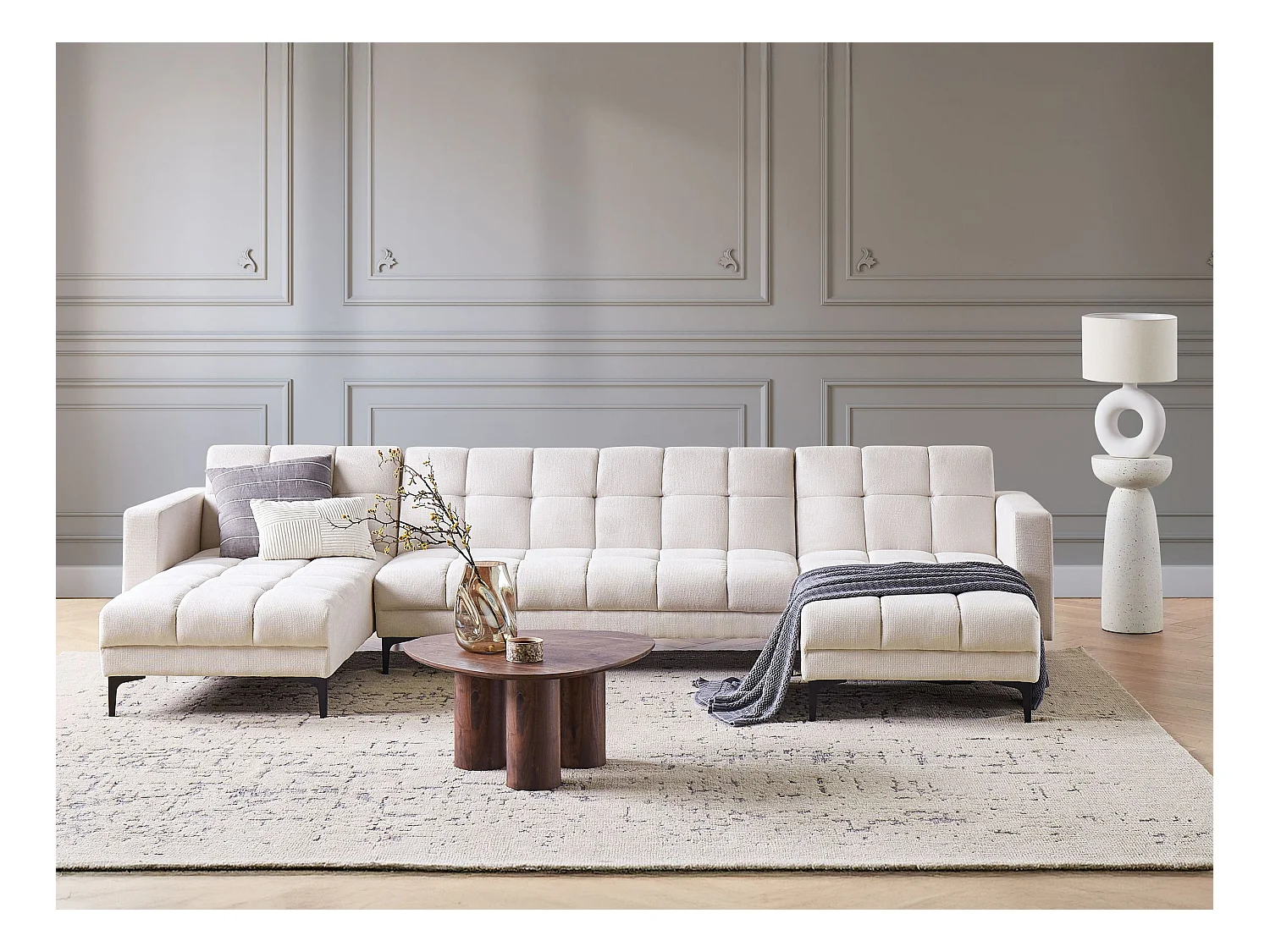 Canapé-lit modulable en forme de U 5 places ALNES Tissu Blanc cassé