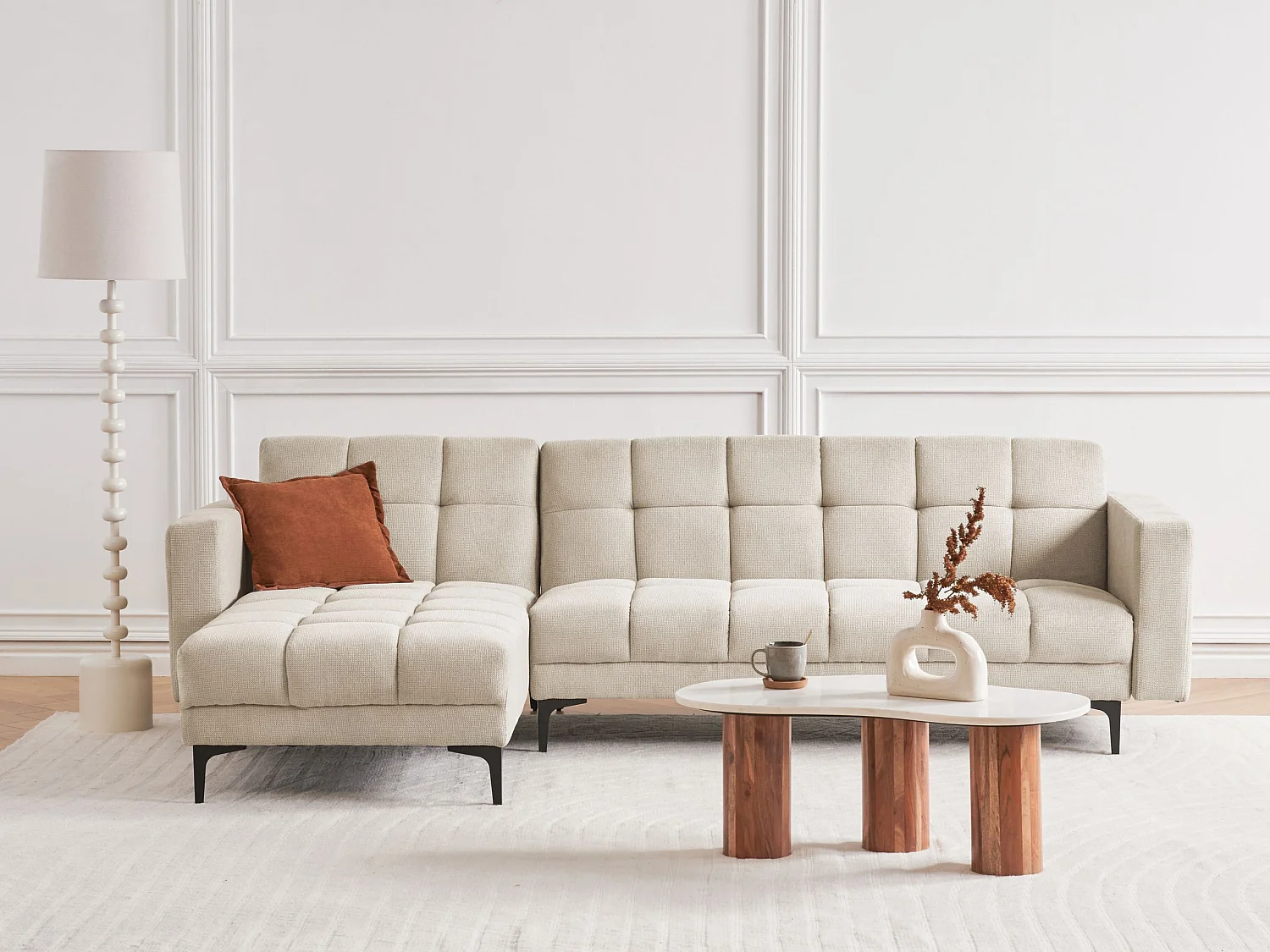 Canapé-lit d'angle modulable 4 places ALNES Tissu Beige Côté droit