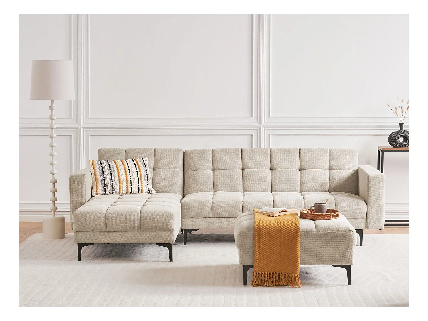 Canapé-lit d'angle modulable 4 places ALNES Tissu Beige Côté droit