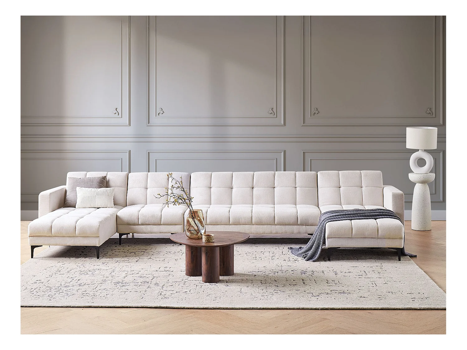 Canapé-lit modulable en forme de U 6 places ALNES Tissu Blanc cassé