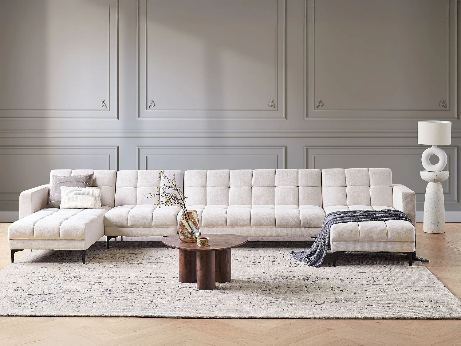 Sofá-cama modular em forma de U ALNES Tecido Branco creme 6 lugares