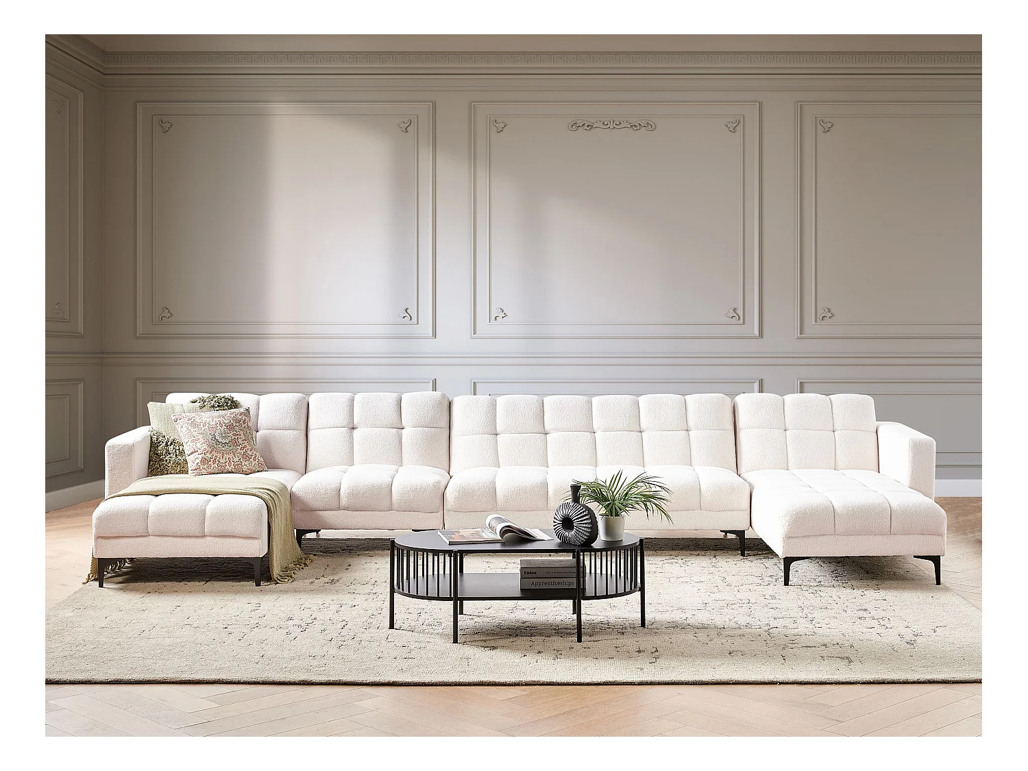 Canapé-lit modulable en forme de U 6 places ALNES Bouclé Blanc