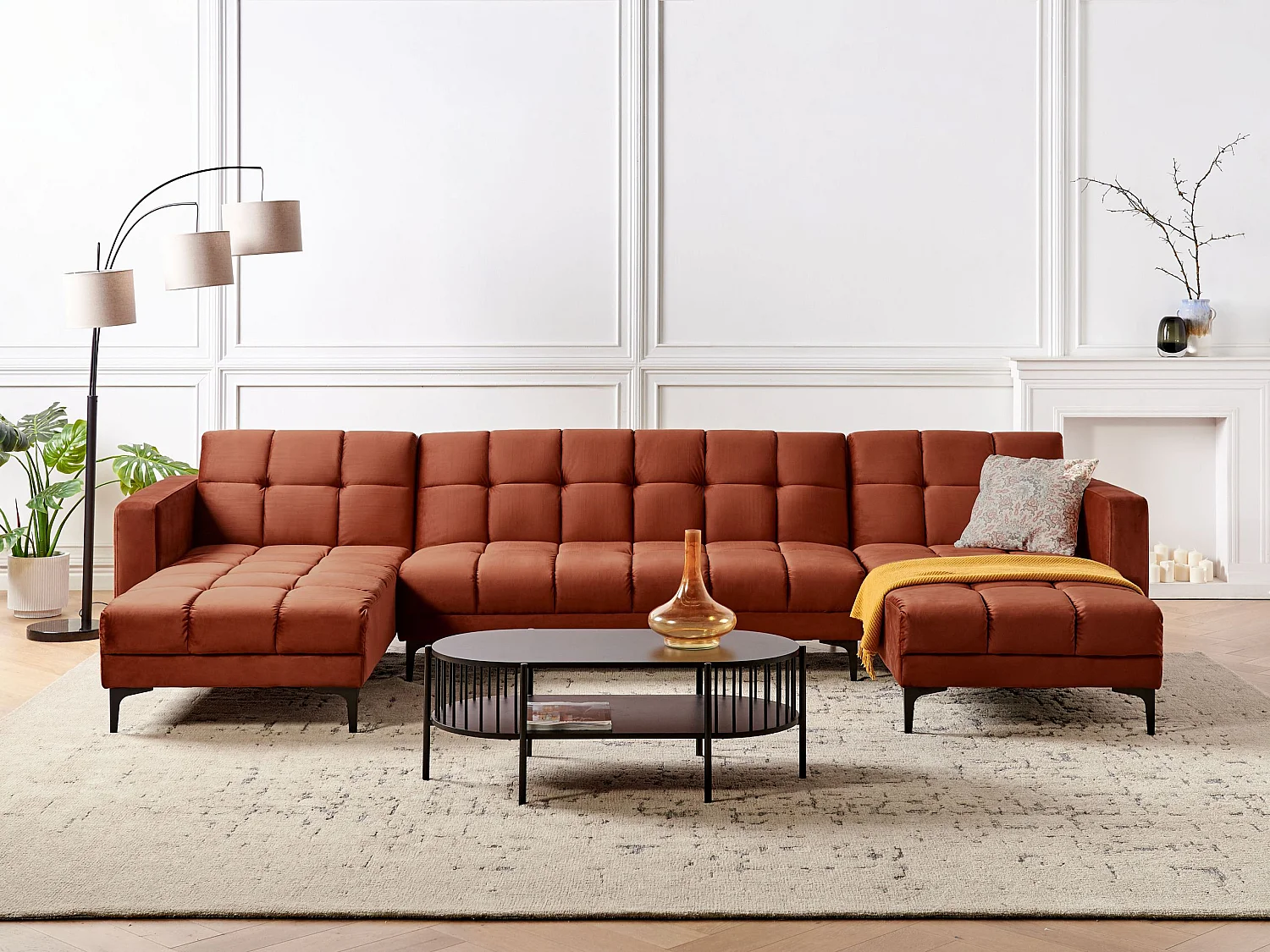 Wohnlandschaft Samtstoff rot gesteppt 5-Sitzer U-Form mit Schlaffunktion Alnes