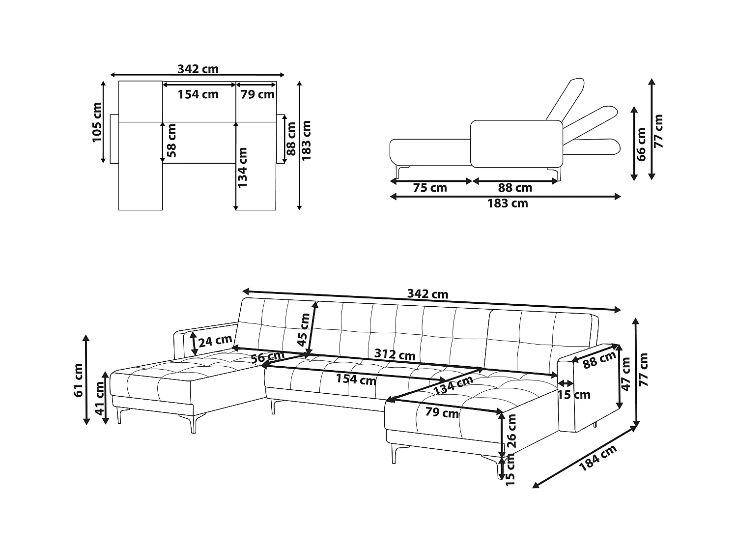 Wohnlandschaft Samtstoff rot gesteppt 5-Sitzer U-Form mit Schlaffunktion Alnes