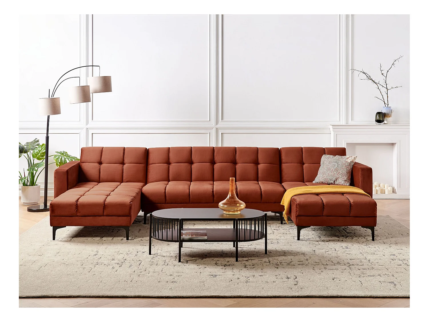 Canapé-lit modulable en forme de U 5 places ALNES Velours Rouge clair