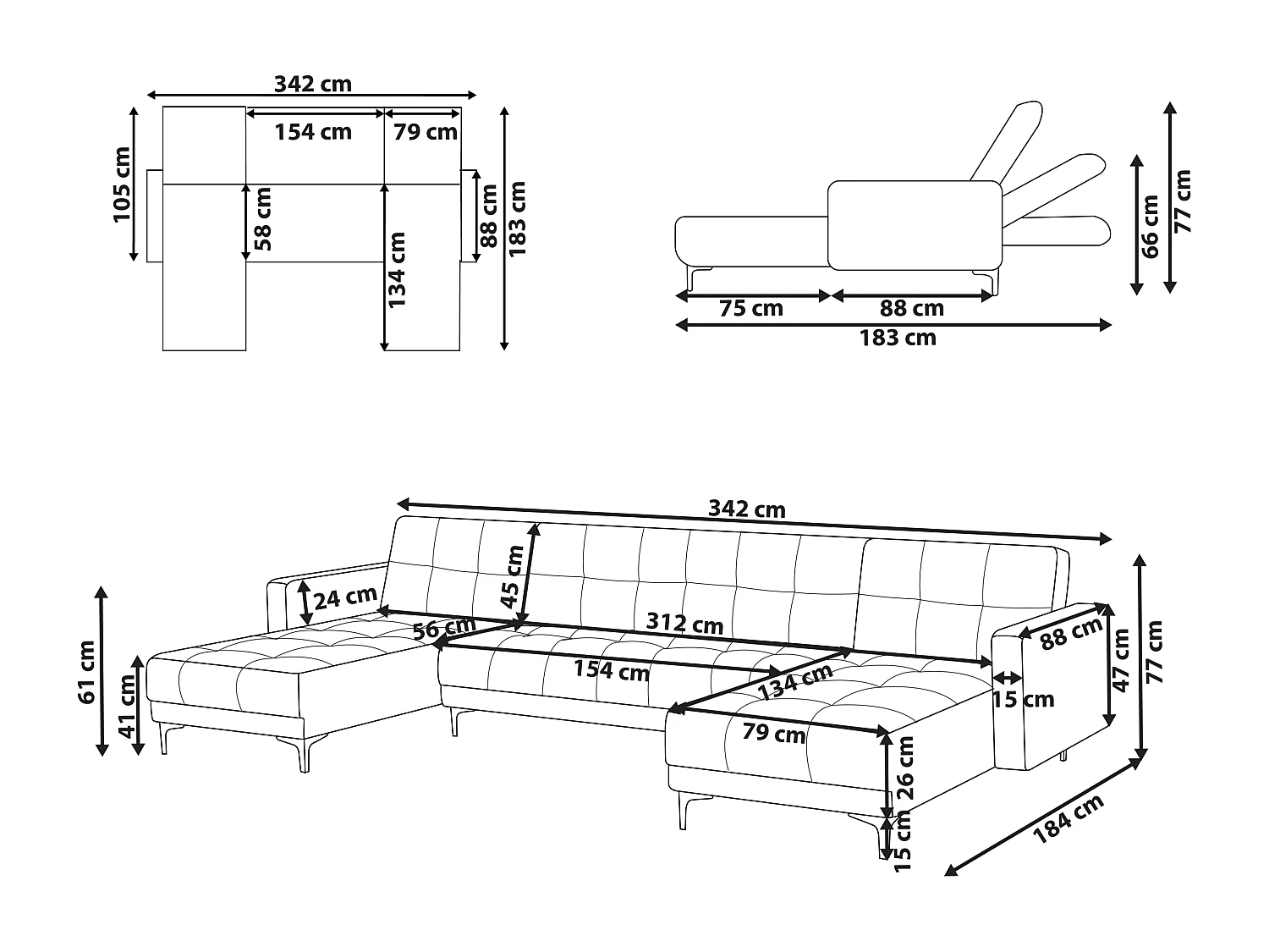 Wohnlandschaft Samtstoff rot gesteppt 5-Sitzer U-Form mit Schlaffunktion Alnes
