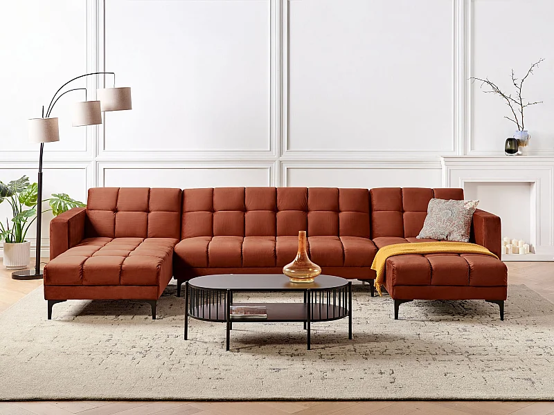 Wohnlandschaft Samtstoff rot gesteppt 5-Sitzer U-Form mit Schlaffunktion Alnes