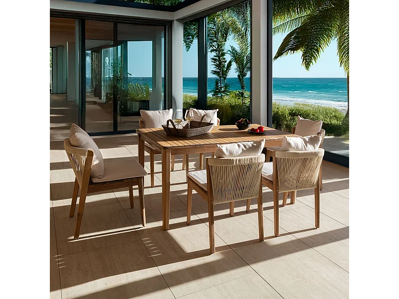 Now's Home - Ensemble De Jardin Table 1.5m+6 Chaises En Acacia Avec Coussin Blanc Fidji