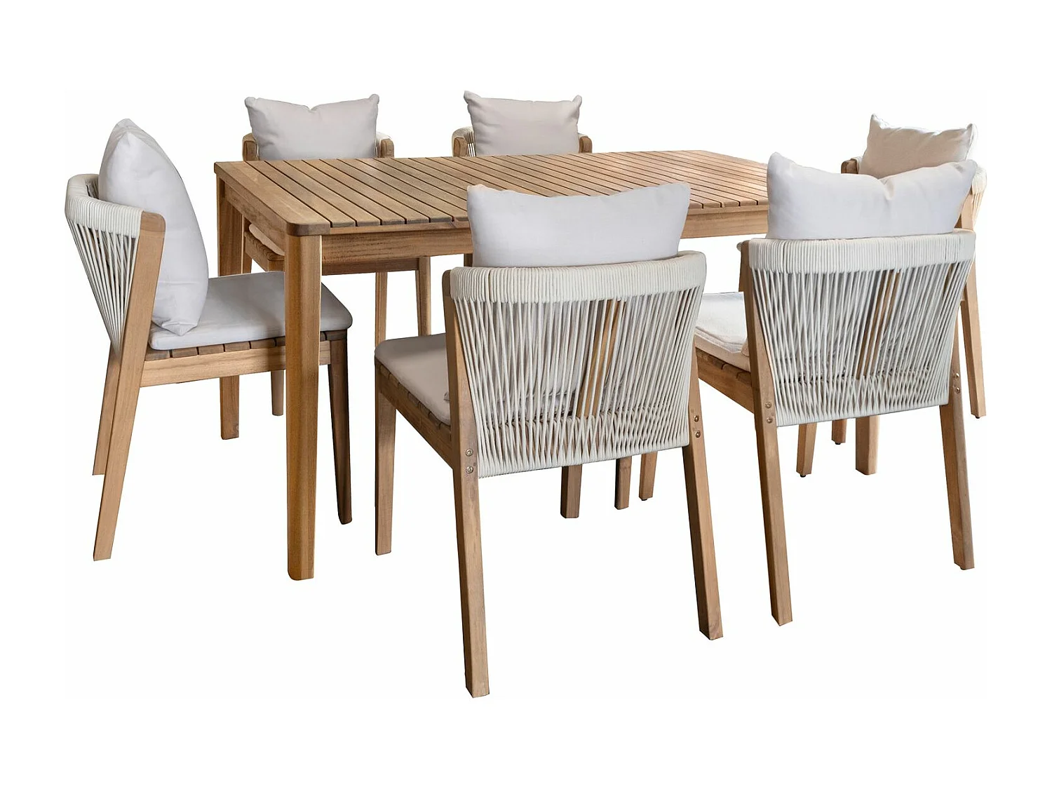 Now's Home - Ensemble De Jardin Table 1.5m+6 Chaises En Acacia Avec Coussin Blanc Fidji