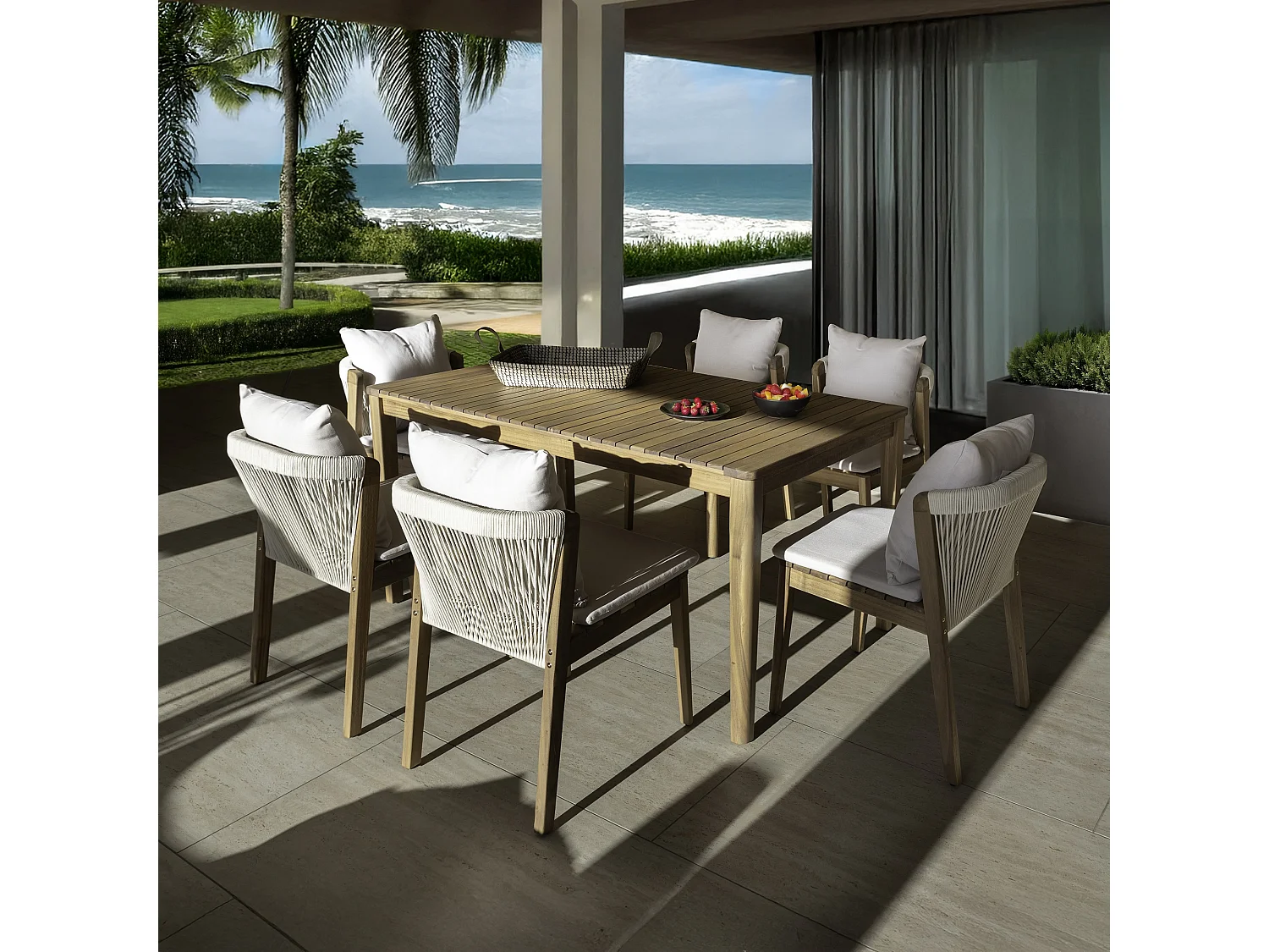 Now's Home - Ensemble De Jardin Table 1.5m+6 Chaises En Acacia Avec Coussin Blanc Fidji