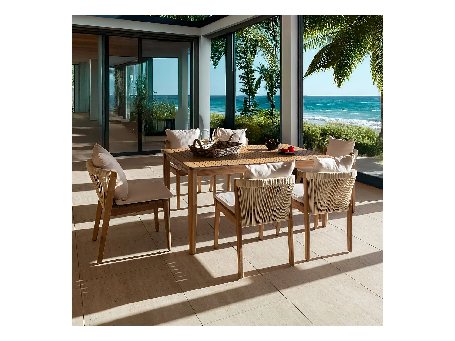 Now's Home - Ensemble De Jardin Table 1.5m+6 Chaises En Acacia Avec Coussin Blanc Fidji