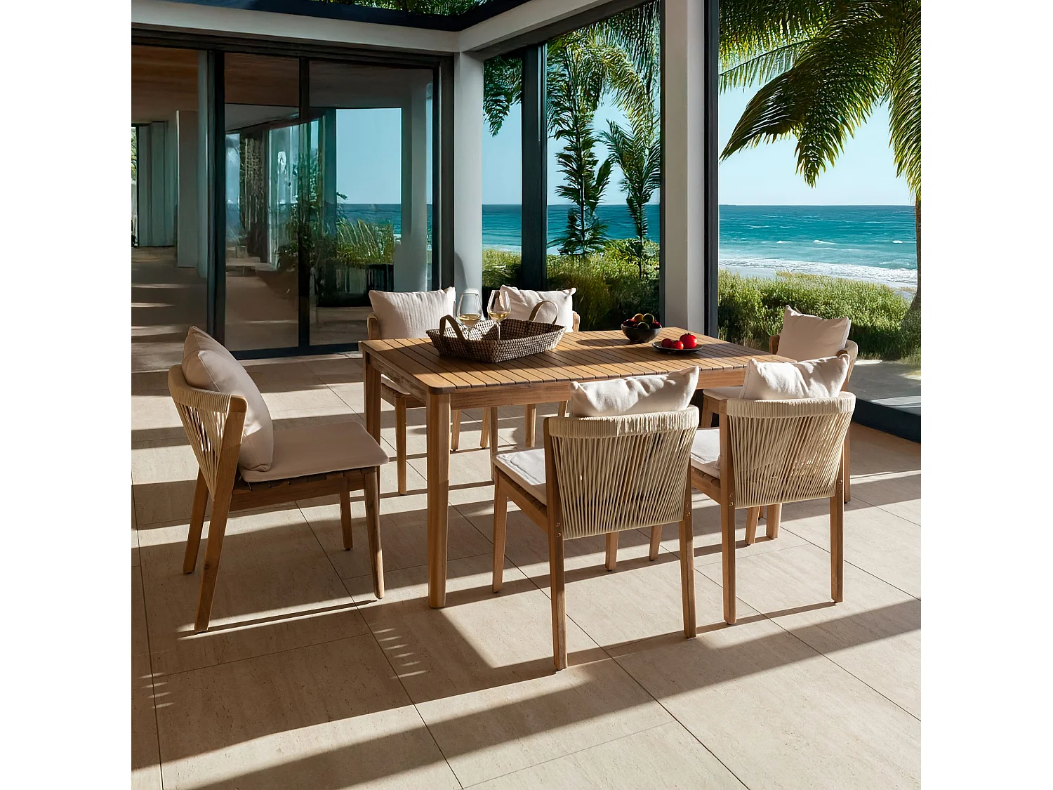 Now's Home - Ensemble De Jardin Table 1.5m+6 Chaises En Acacia Avec Coussin Blanc Fidji