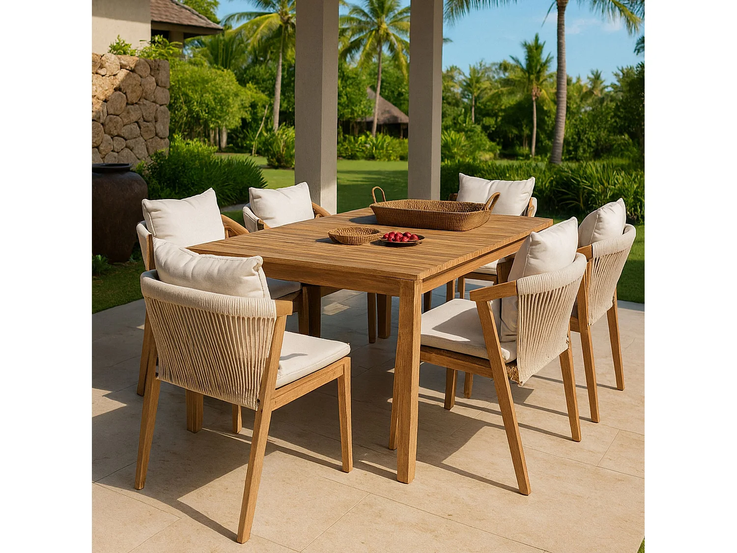 Now's Home - Ensemble De Jardin Table 1.5m+6 Chaises En Acacia Avec Coussin Blanc Fidji