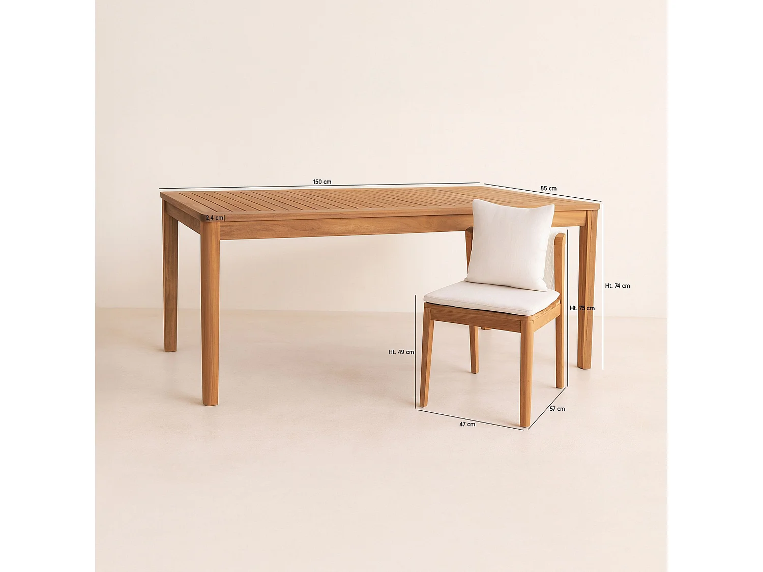 Now's Home - Ensemble De Jardin Table 1.5m+6 Chaises En Acacia Avec Coussin Blanc Fidji