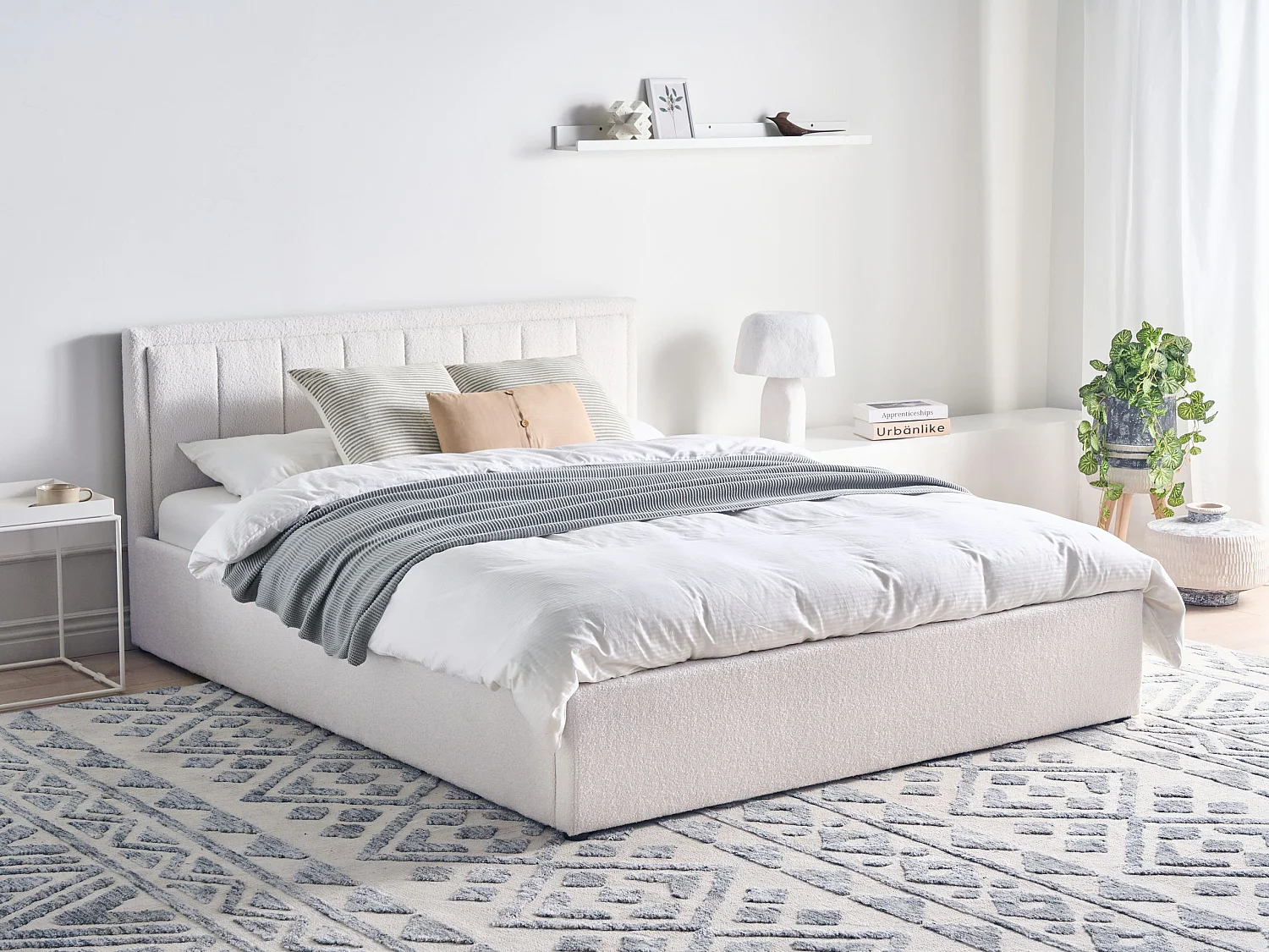 Letto con ottomano Bouclé MONTLAUR 160 x 200 cm Bianco