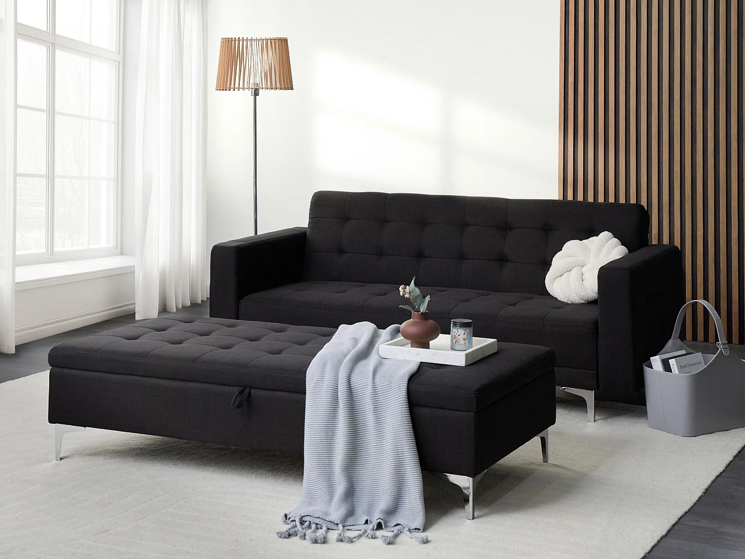 Sofá-cama de 3 lugares com repousa-pés em tecido cinzento grafite ABERDEEN