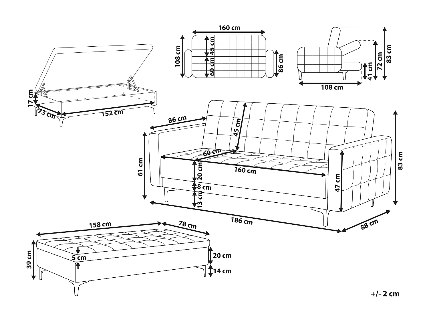 Sofá-cama de 3 lugares com repousa-pés em tecido cinzento grafite ABERDEEN