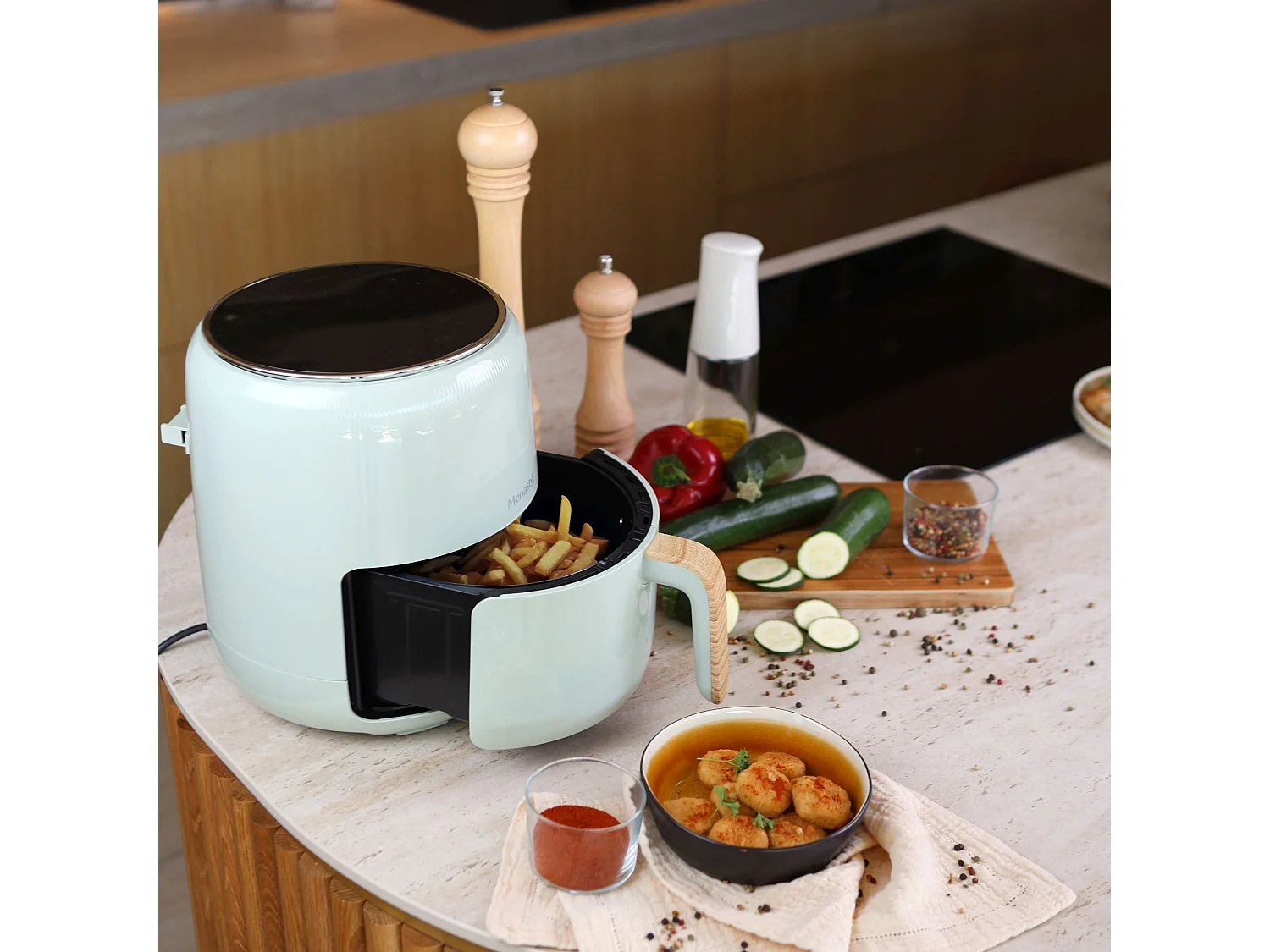 Menastyl - Friteuse à Air Chaud 4.5l Colorama Celadon Poignée Finition Bois