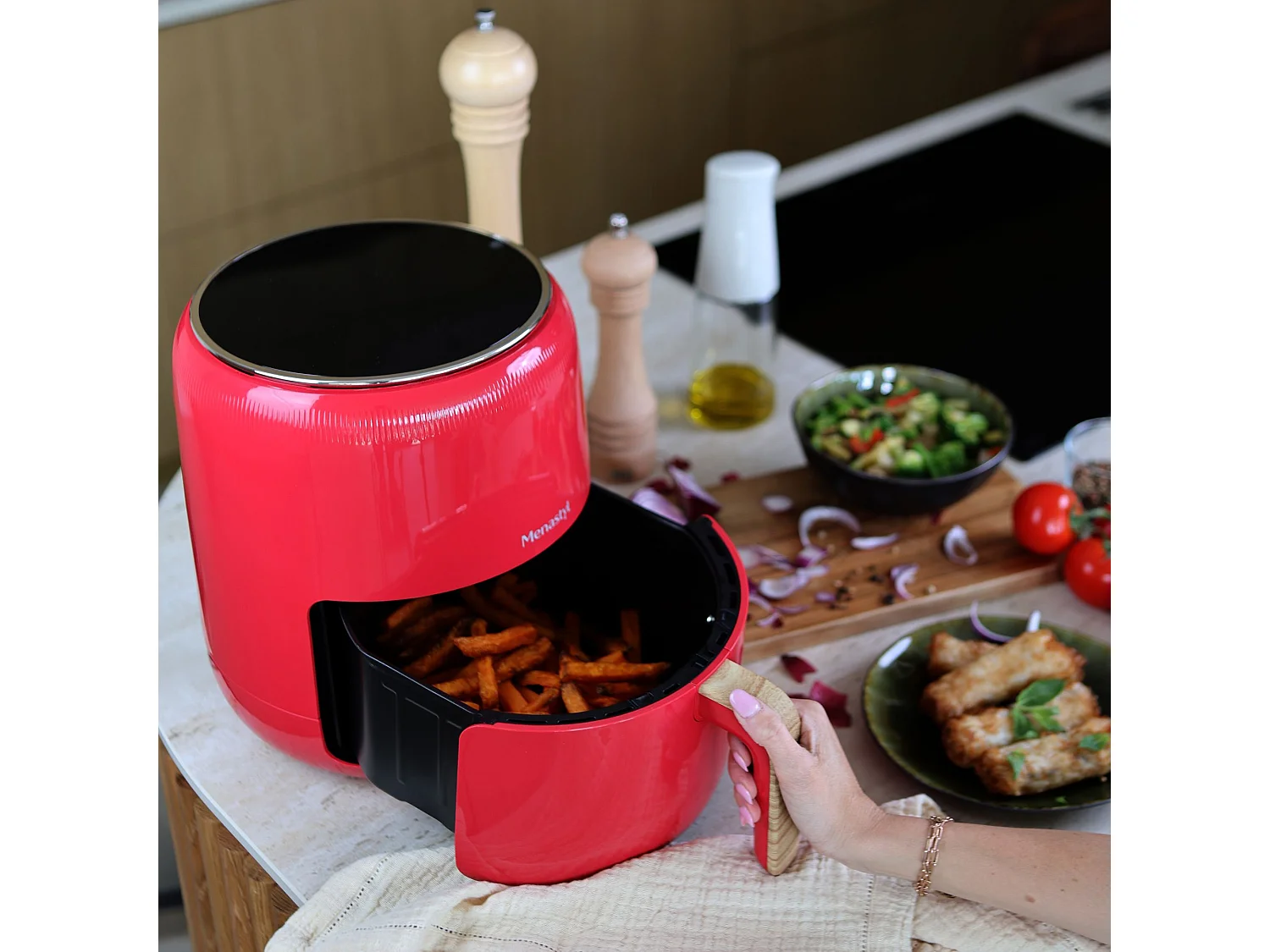 Menastyl - Friteuse à Air Chaud 4.5l Colorama  Magenta Poignée Finition Bois