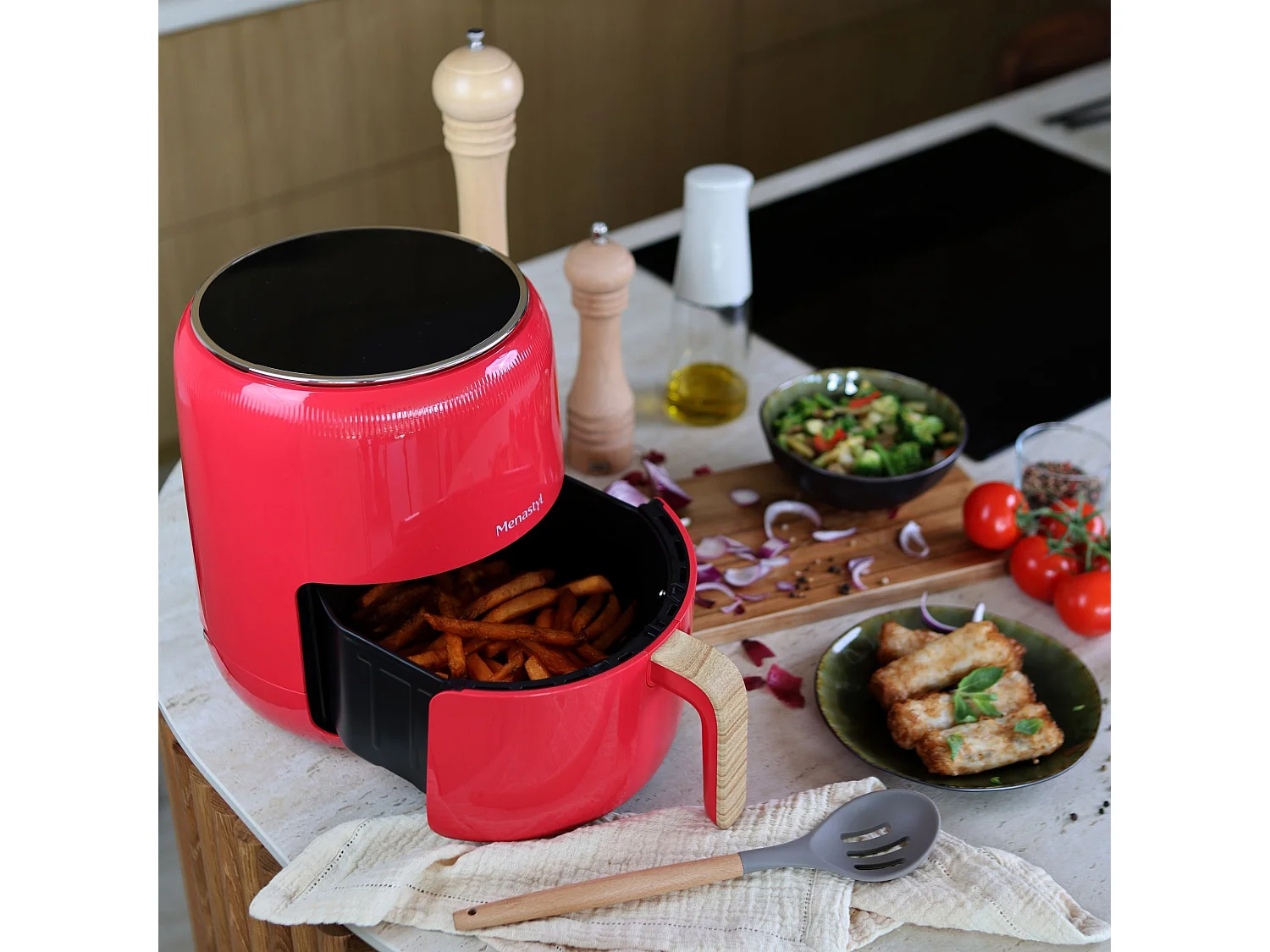 Menastyl - Friteuse à Air Chaud 4.5l Colorama  Magenta Poignée Finition Bois