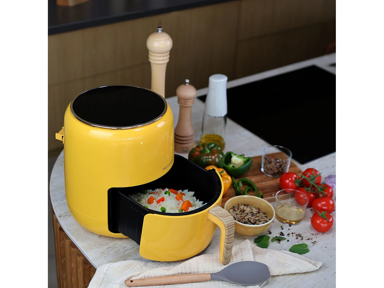 Menastyl - Friteuse à Air Chaud 4.5 L Colorama Safran Avec Poignée Finition Bois