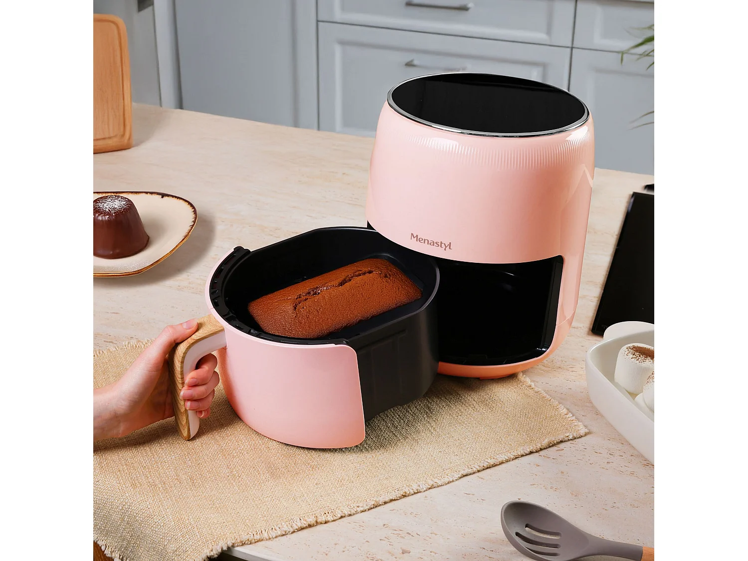 Menastyl - Friteuse A Air Chaud 4.5l Colorama  Rose Avec Poignee Finition Bois