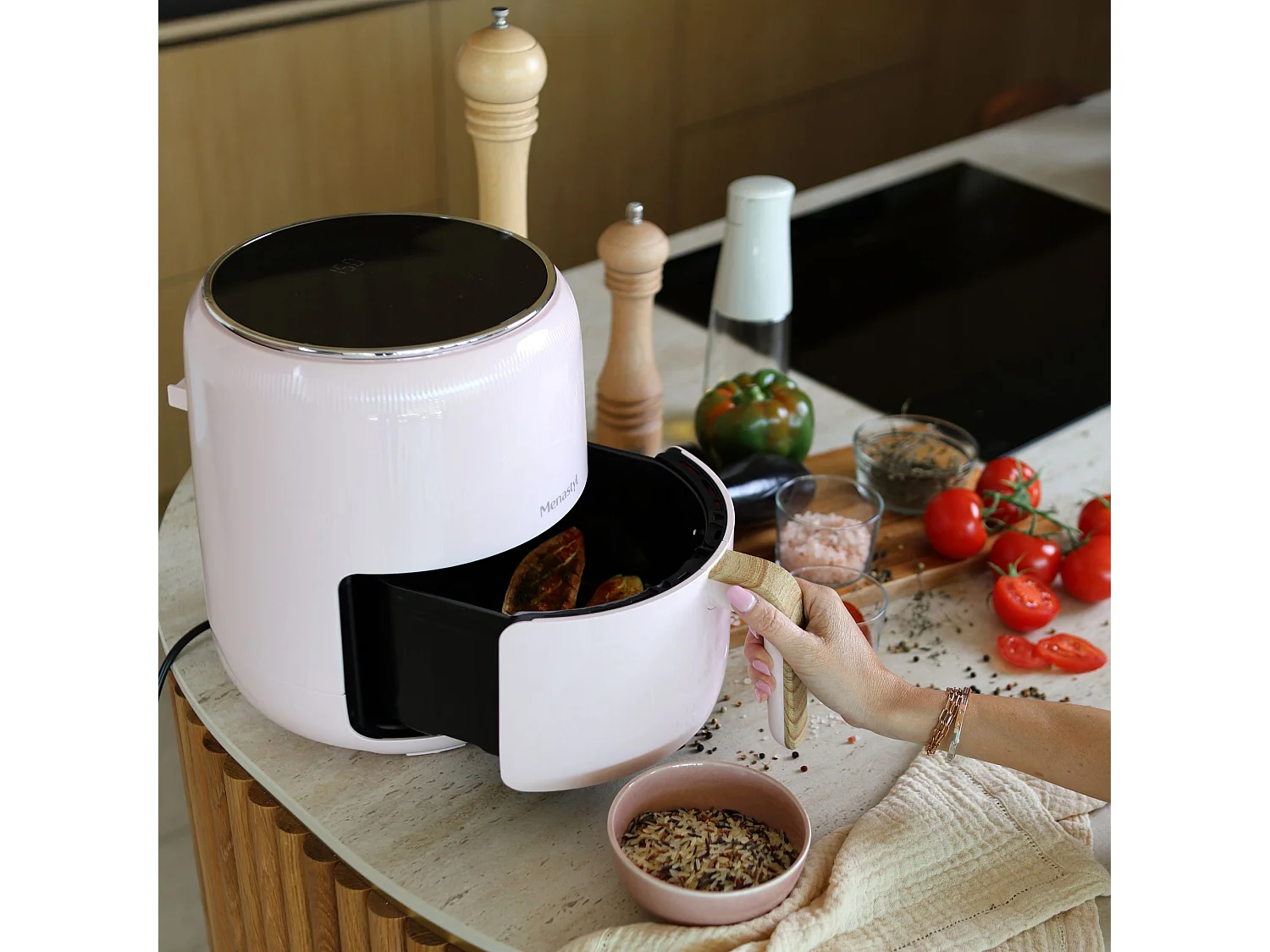 Menastyl - Friteuse à Air Chaud 4.5l Colorama  Rose Avec Poignée Finition Bois