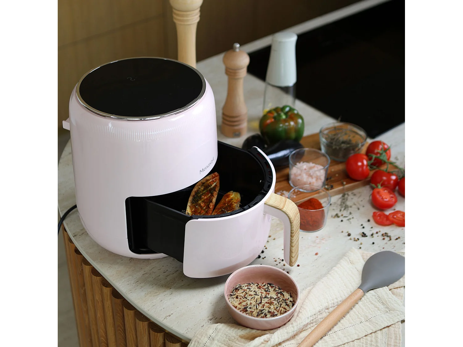 Menastyl - Friteuse à Air Chaud 4.5l Colorama  Rose Avec Poignée Finition Bois