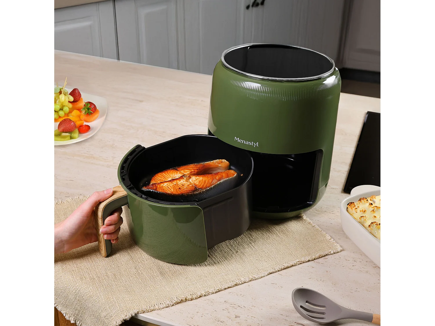 Menastyl - Friteuse A Air Chaud 4.5l Colorama Olive Avec Poignee Finition Bois