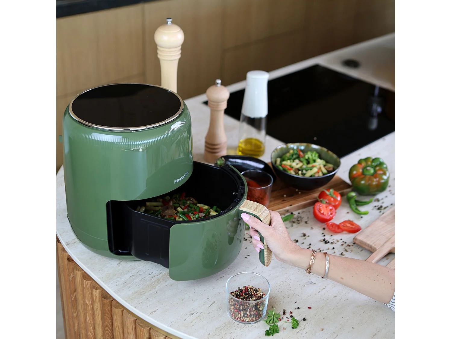 Menastyl - Friteuse à Air Chaud 4.5l Colorama Olive Avec Poignée Finition Bois