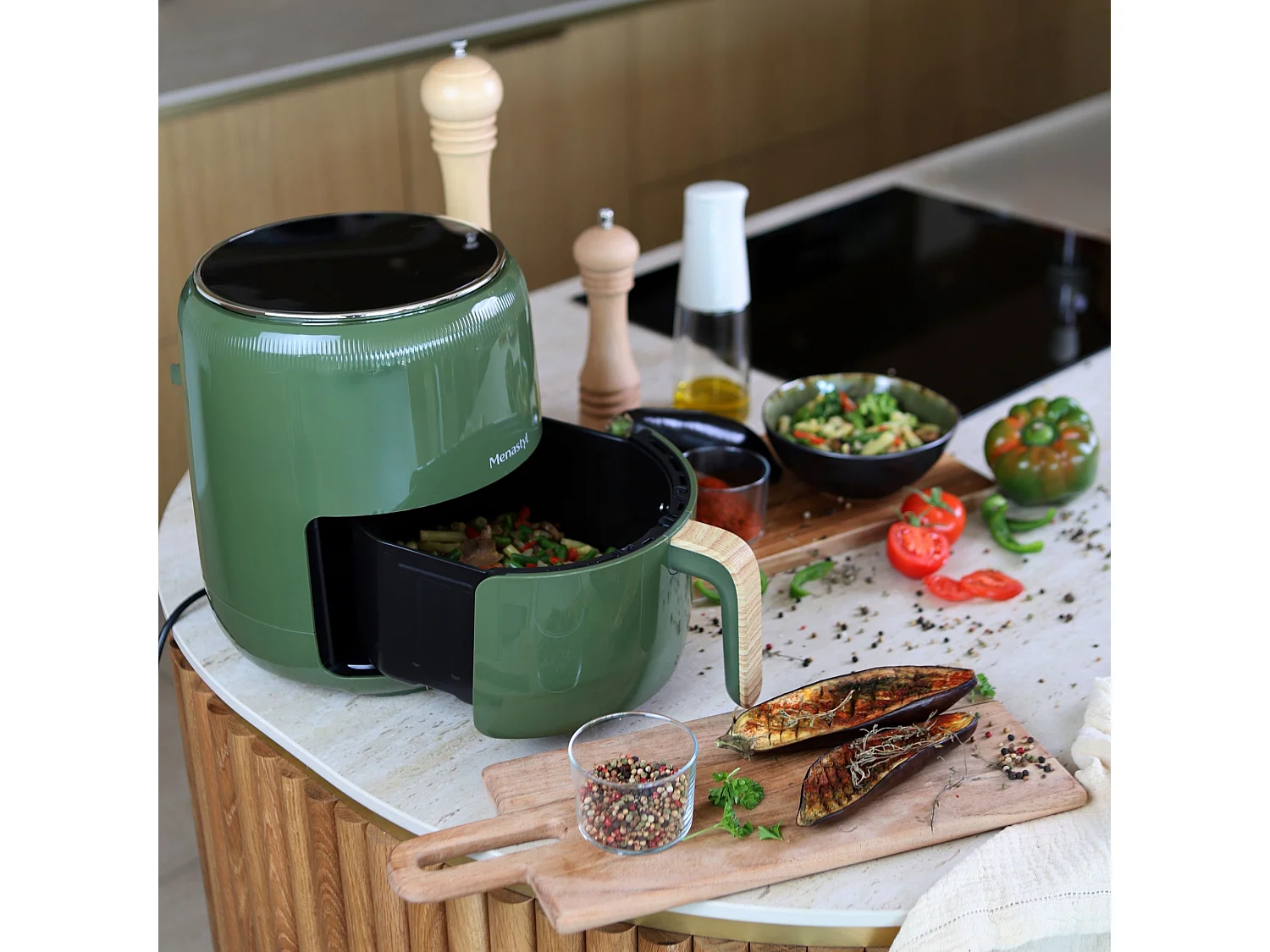Menastyl - Friteuse à Air Chaud 4.5l Colorama Olive Avec Poignée Finition Bois