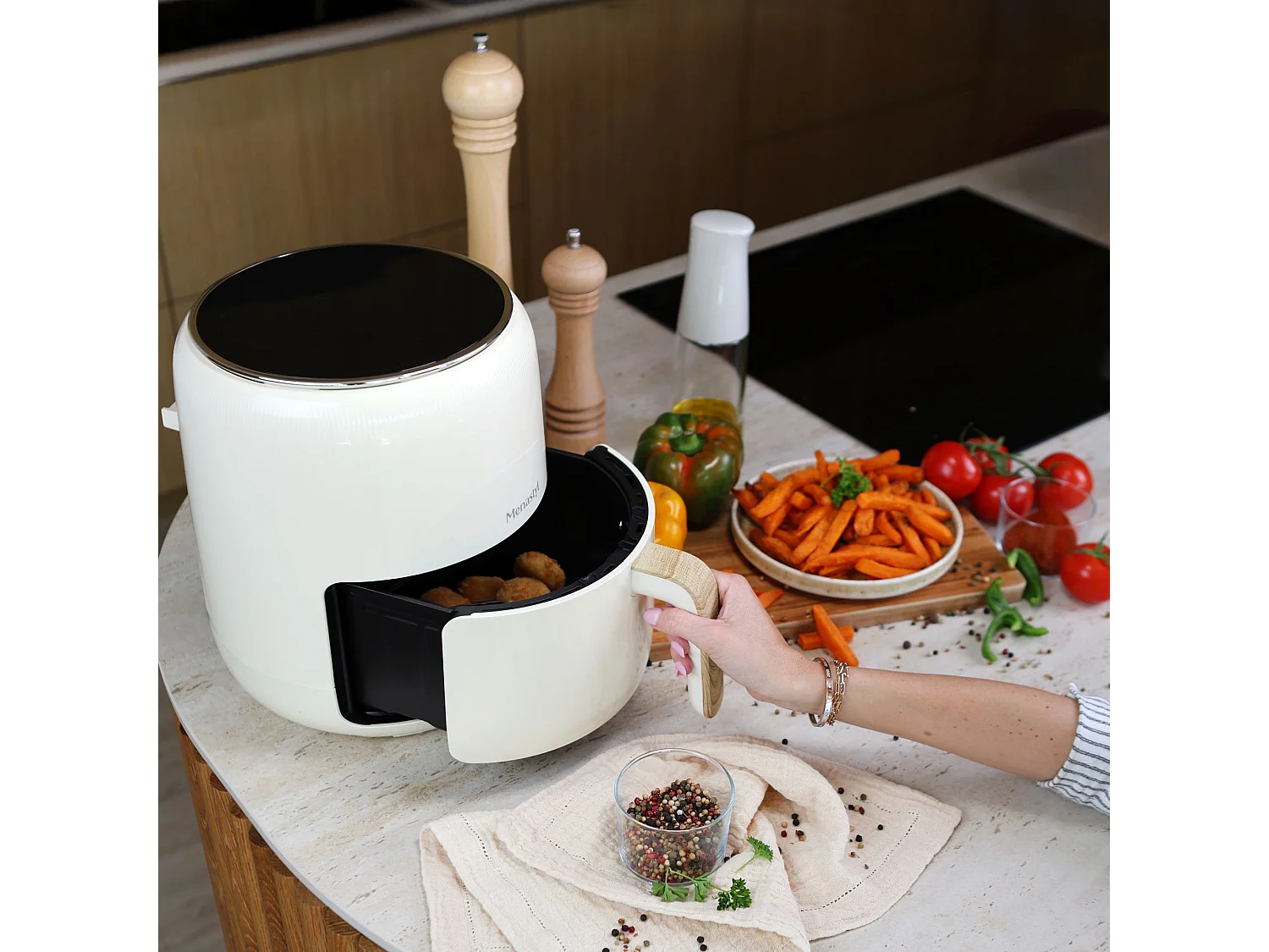 Menastyl - Friteuse à Air Chaud 4.5l Colorama Crème Avec Poignée Finition Bois