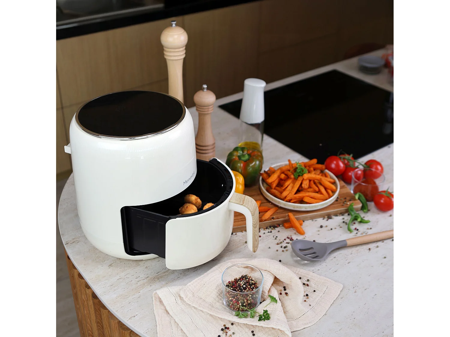 Menastyl - Friteuse à Air Chaud 4.5l Colorama Crème Avec Poignée Finition Bois