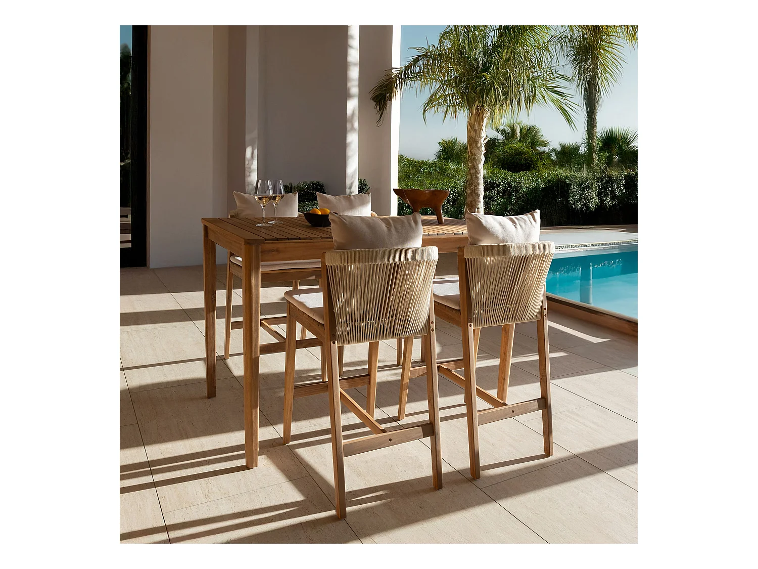 Now's Home - Ensemble De Jardin Table Haute+4chaises De Bar En Acacia /coussin Fidji