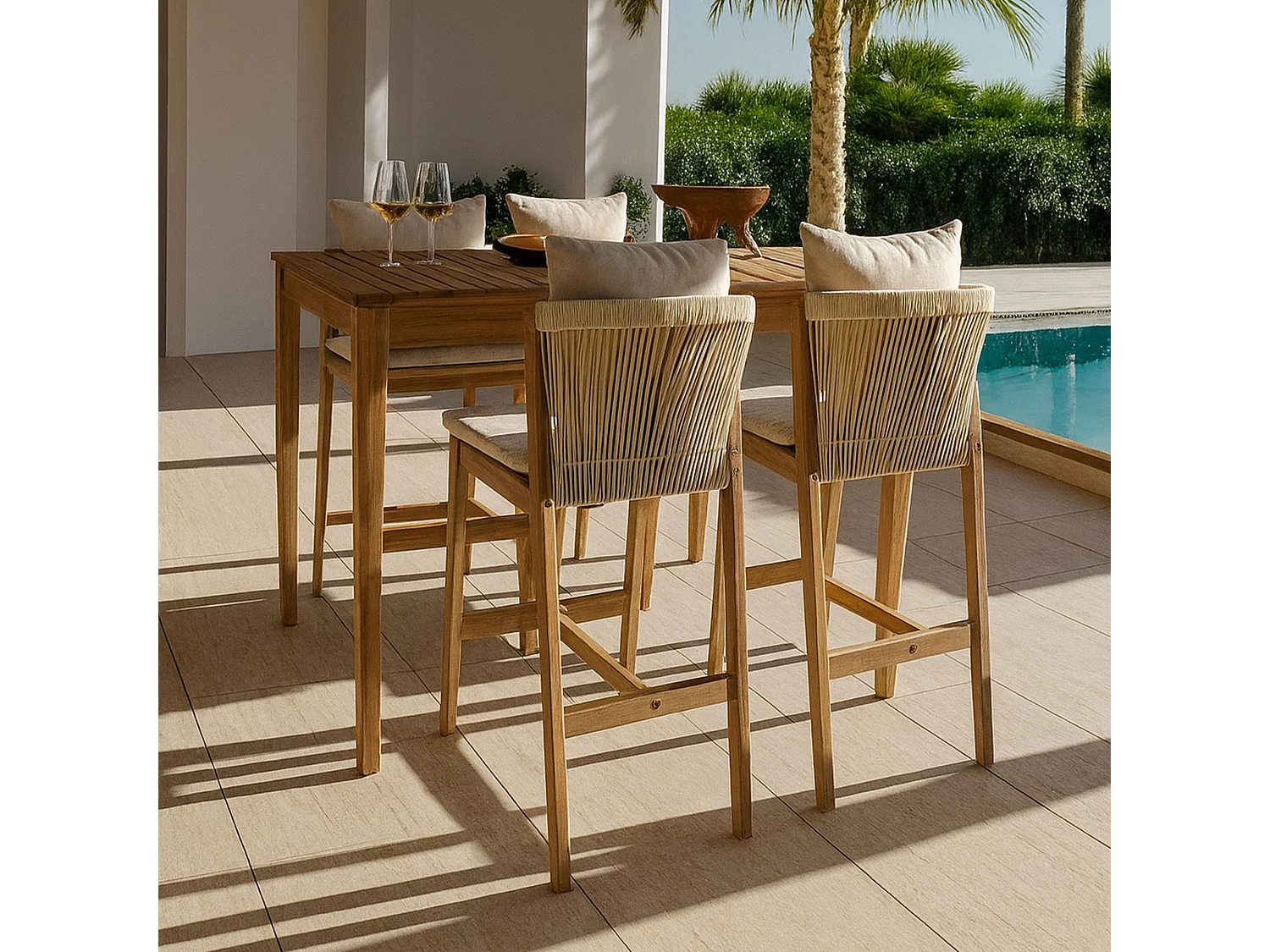 Now's Home - Ensemble De Jardin Table Haute+4chaises De Bar En Acacia /coussin Fidji
