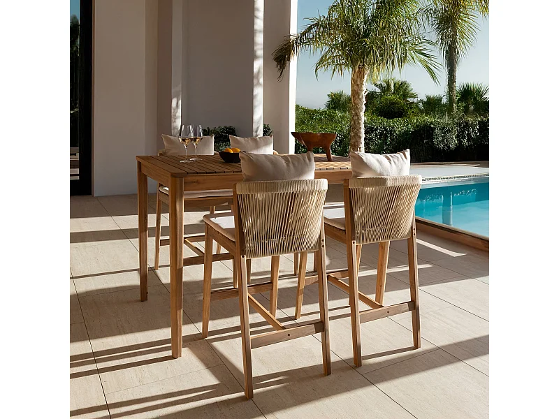 Now's Home - Ensemble De Jardin Table Haute+4chaises De Bar En Acacia /coussin Fidji