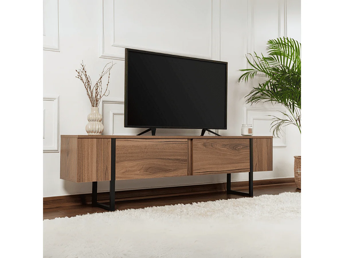 Designerski mebel TV z 2 składanymi drzwiami i wbudowanym schowkiem z melaminy w kolorze czarnym - SERENITY