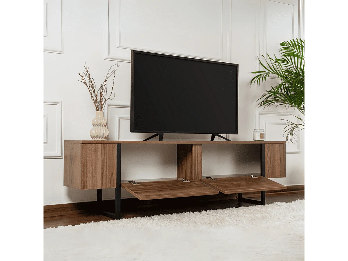 Designerski mebel TV z 2 składanymi drzwiami i wbudowanym schowkiem z melaminy w kolorze czarnym - SERENITY