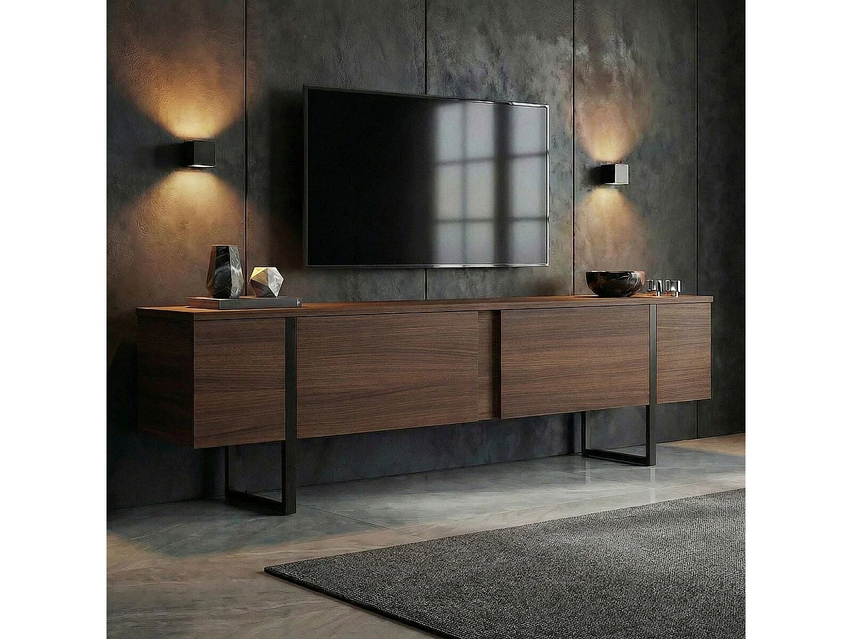 Designerski mebel TV z 2 składanymi drzwiami i wbudowanym schowkiem z melaminy w kolorze czarnym - SERENITY