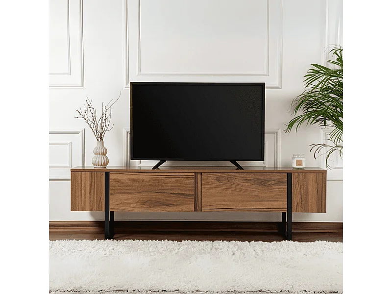 Móvel de TV design com 2 portas basculantes e armazenamento integrado em madeira melaminada preta - SERENITY