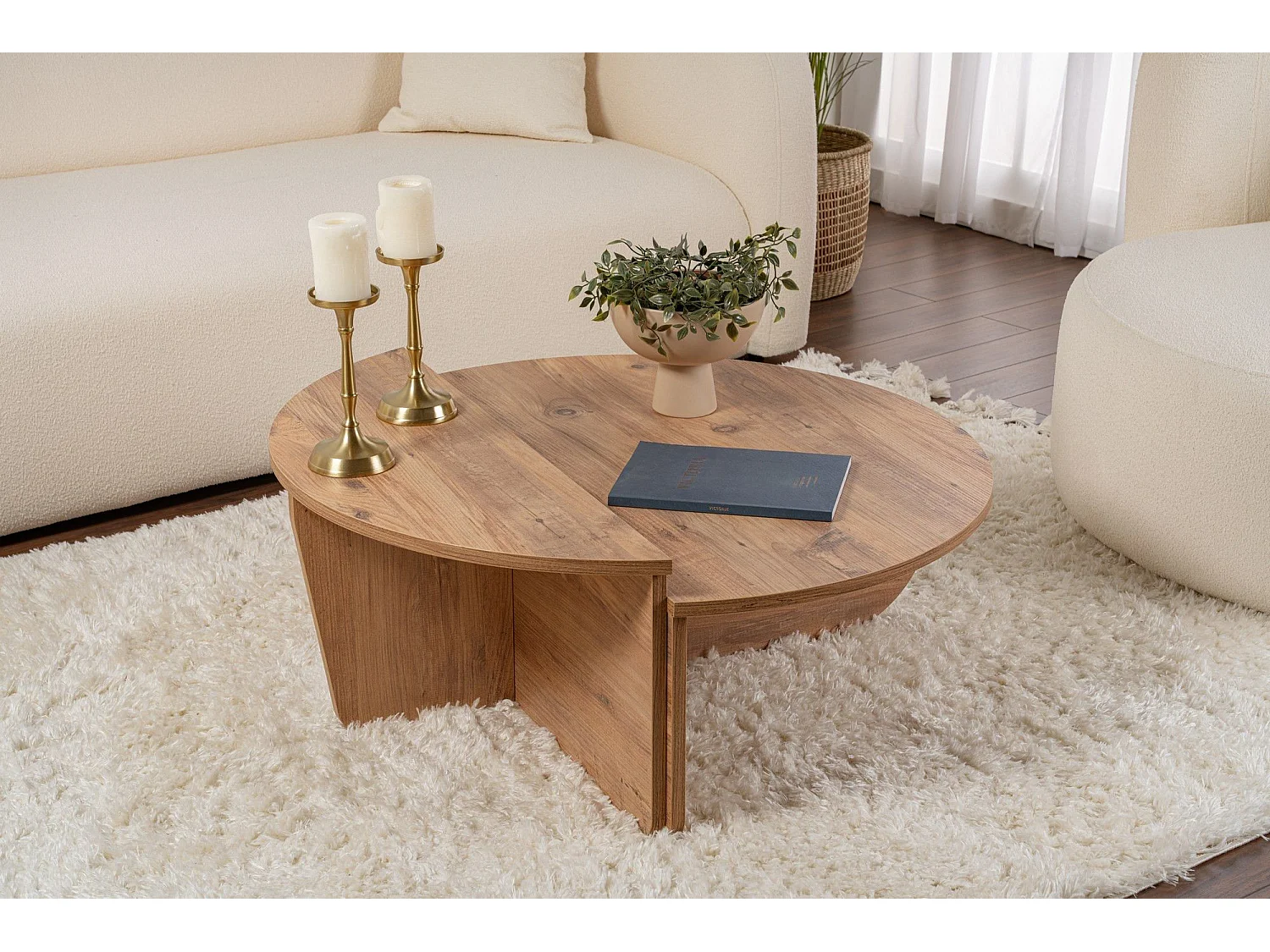 Runder Couchtisch aus Spanplatten Podium, beige oder braun, ohne Aufbewahrung