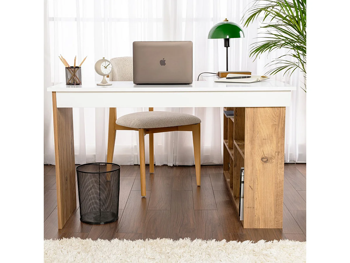 Bureau d'angle avec rangements décor blanc et pin atlantique L130 cm - VESPER