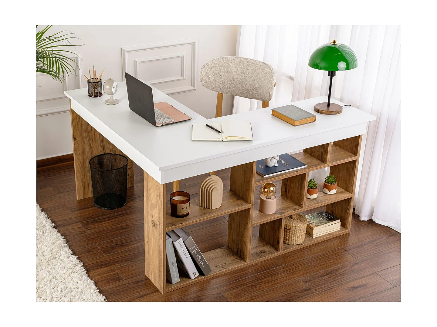 Bureau d'angle avec rangements décor blanc et pin atlantique L130 cm - VESPER