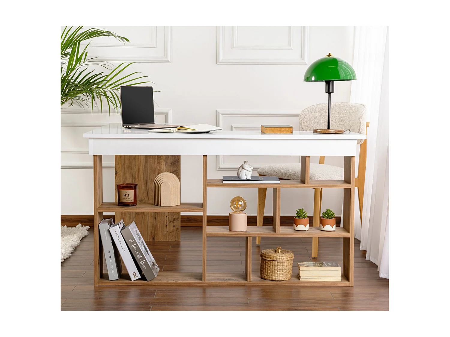 Escritorio de esquina con almacenaje, decoración en blanco y pino atlántico L130 cm - VESPER