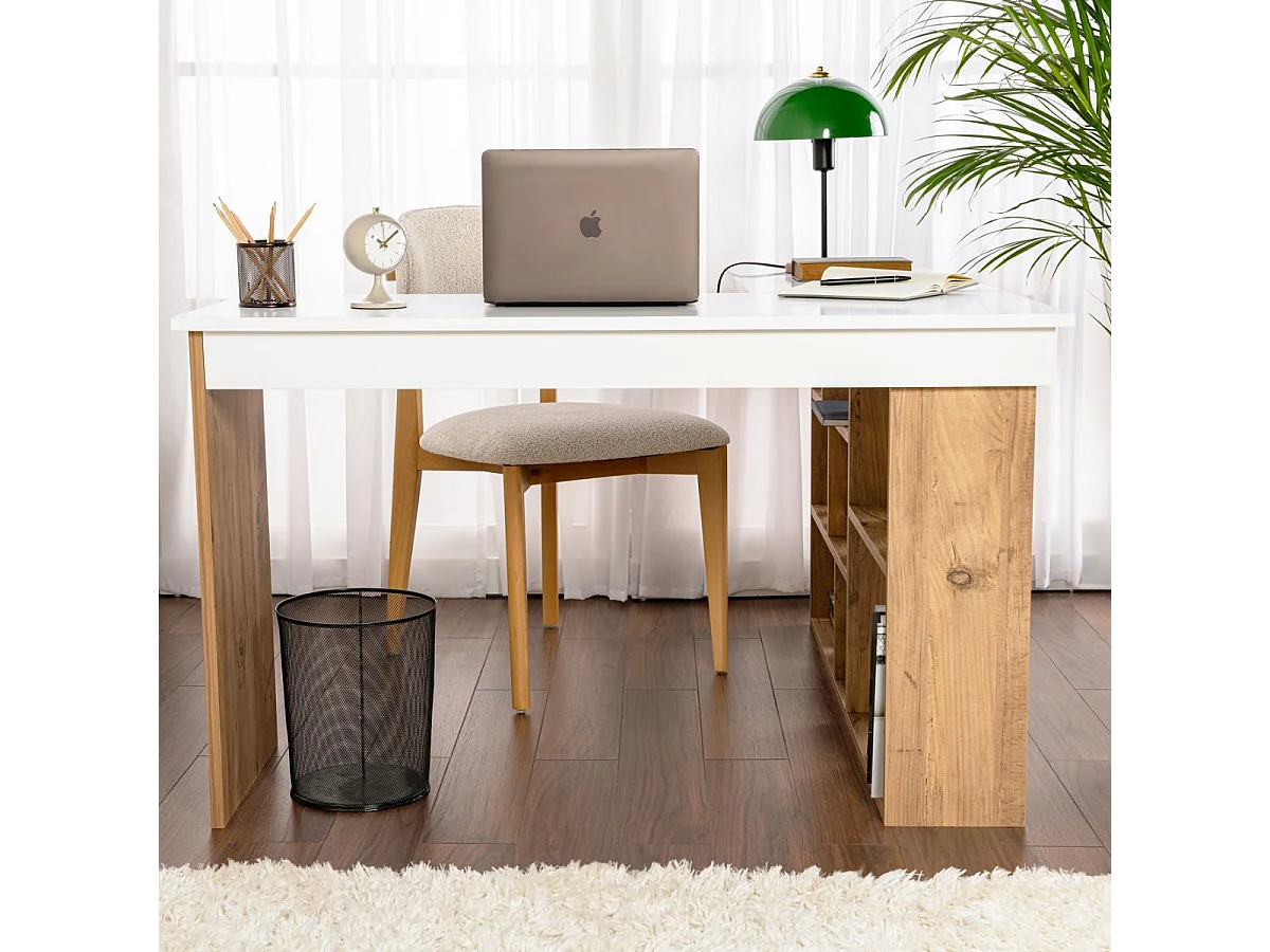 Bureau d'angle avec rangements décor blanc et pin atlantique L130 cm - VESPER