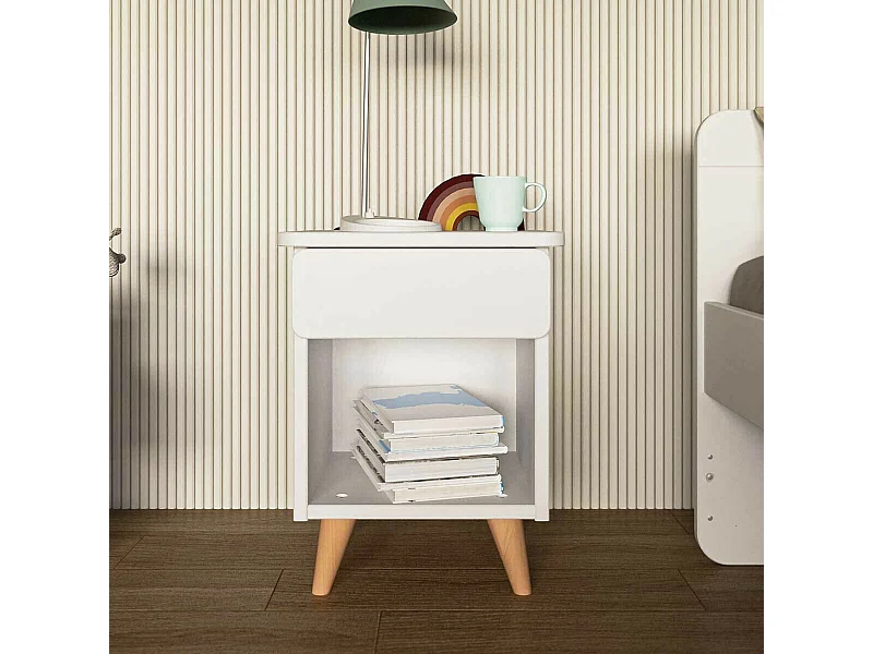 Chevet avec tiroir  bois massif blanc et noisette LILOW