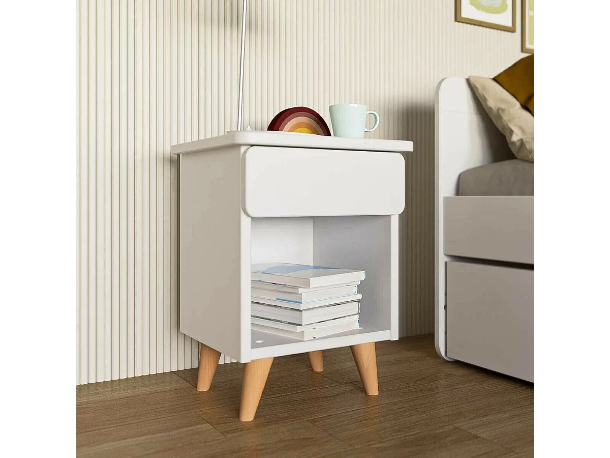 Chevet avec tiroir  bois massif blanc et noisette LILOW