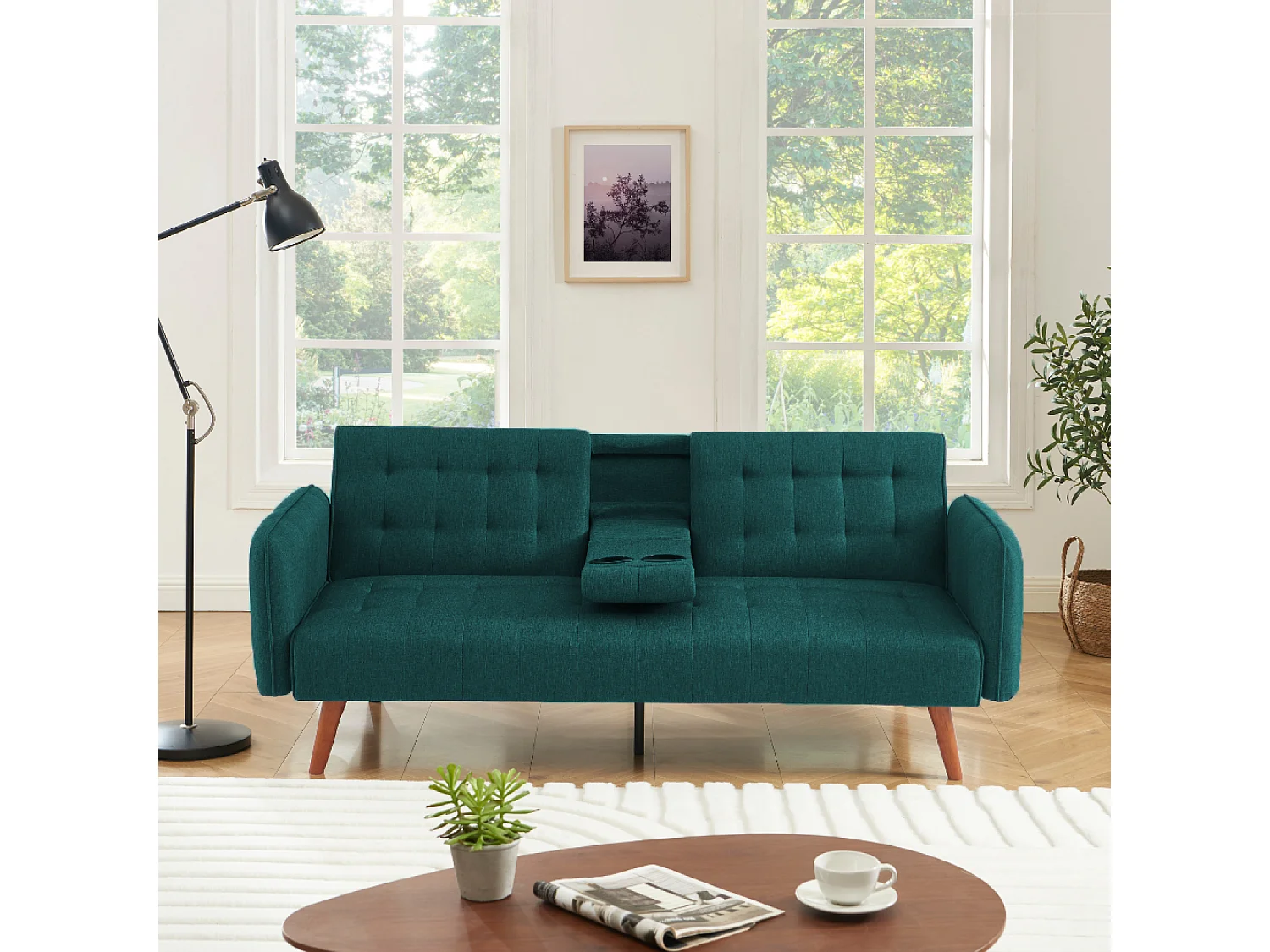 Sofá-cama de 3 lugares conversível verde com mesa central rebatível INVERNESS